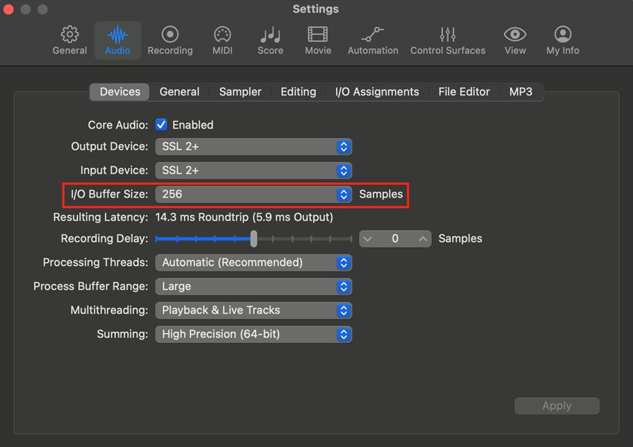 I/O Buffer Size highlighted in the DAW audio settings