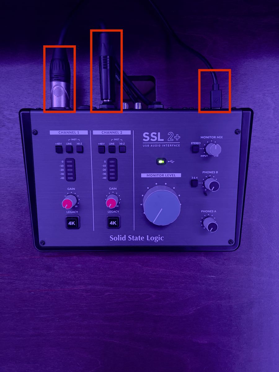 XLR, jack and USB cables seated in the SSL interface