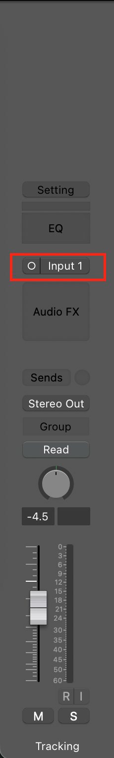A DAW channel strip with Input 1 highlighted