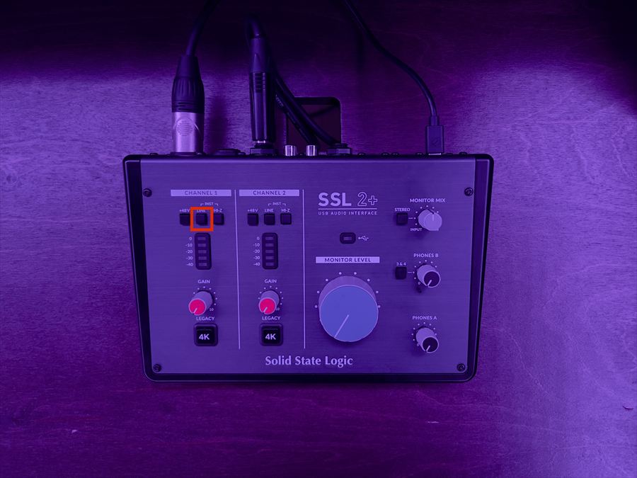 The LINE button highlighted on channel 1 of the SSL interface