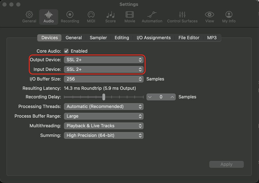 Logic audio settings with Output and Input Device both set to SSL 2+