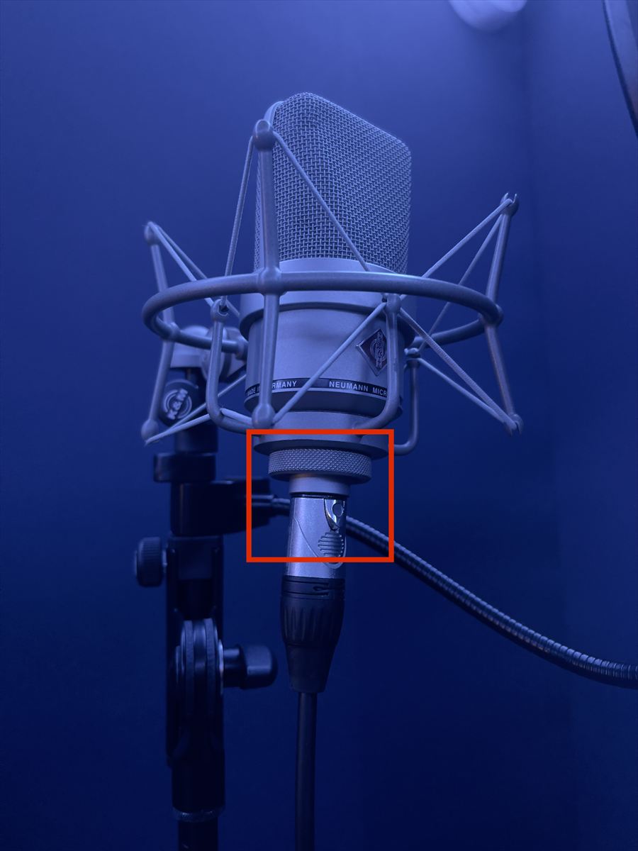 An XLR cable seated in the base of a studio microphone